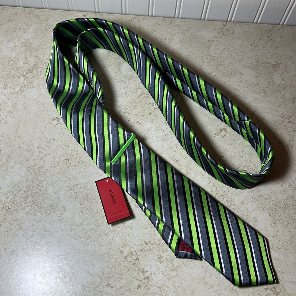 New! NWT Alfani Men's Green Crayon Stripe Slim Neck Tie & Clip One Size MSRP $49